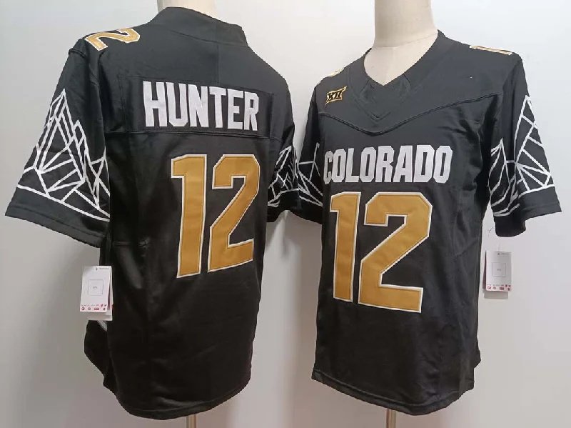 C.Buffaloes #12 Travis Hunter Black Gold With XII Patch FUSE Vapor Stitched American College Jerseys