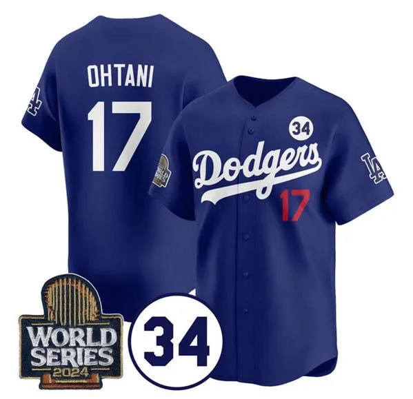 Los Angeles Dodgers #17 Shohei Ohtani Royal 2024 World Series With No. 34 Patch Cool Base Stitched Baseball Jersey