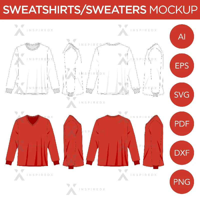 Sweatshirts & Sweaters - Mockup and Template - 8 Angles, 2 Styles, Layered, Detailed and Editable Vector in EPS, SVG, AI, PNG, DXF and PDF