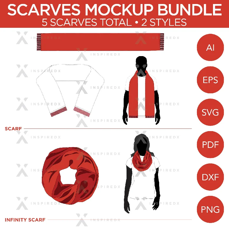 Scarves Bundle - Regular Scarf & Infinity Scarf - Mockup and Template - 5 Scarves Total, 2 Styles, Multiple Angles, Layered, Detailed and Editable Vector in EPS, SVG, AI, PNG, DXF and PDF