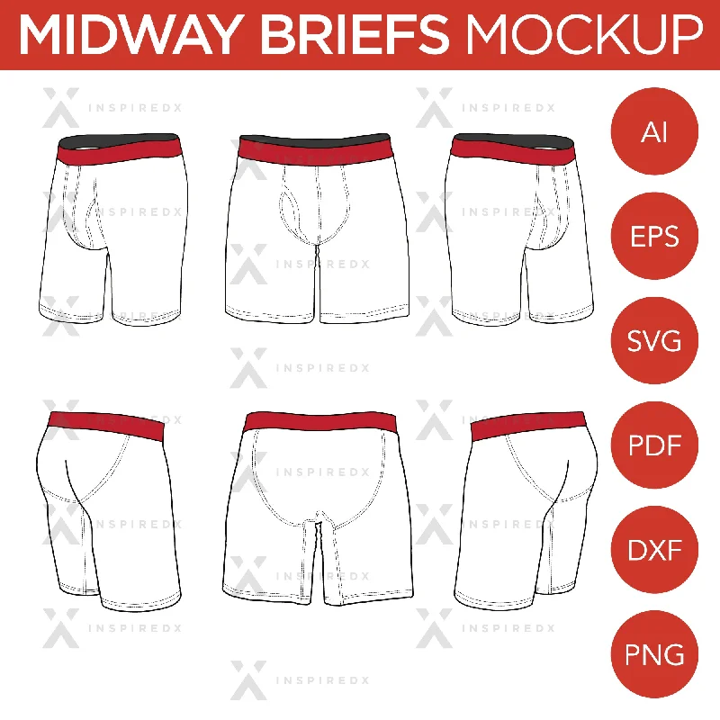 Midway Boxer Briefs - Mockup and Template - 6 Angles, Layered, Detailed and Editable Vector in EPS, SVG, AI, PNG, DXF and PDF