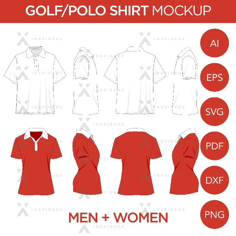 Golf/Polo Shirt - Mockup and Template - 8 Angles, Layered, Detailed and Editable Vector in EPS, SVG, AI, PNG, DXF and PDF