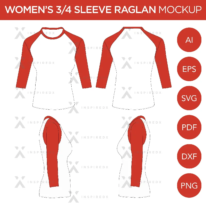 Raglan Women's 3/4 Sleeve Shirt - Mockup and Template - 4 Angles, 1 Style, Layered, Detailed and Editable Vector in EPS, SVG, AI, PNG, DXF and PDF