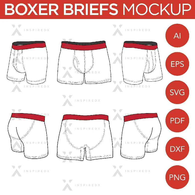 Boxer Briefs - Mockup and Template - 6 Angles, Layered, Detailed and Editable Vector in EPS, SVG, AI, PNG, DXF and PDF