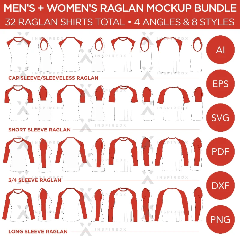 Raglan Men's + Women's Shirt Bundle - Cap Sleeve, Short Sleeve, 3/4 Sleeve and  Long Sleeve Raglans - Mockup and Template - 32 Raglan Shirts Total, 4 Angles, 8 Styles, Layered, Detailed and Editable Vector in EPS, SVG, AI, PNG, DXF and PDF