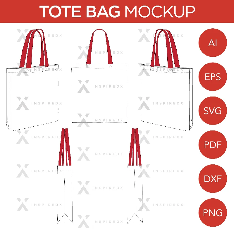 Tote Bag - Mockup and Template - 8 Angles, Layered, Detailed and Editable Vector in EPS, SVG, AI, PNG, DXF and PDF