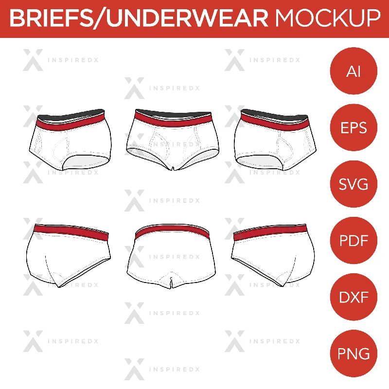 Briefs - Mockup and Template - 6 Angles, Layered, Detailed and Editable Vector in EPS, SVG, AI, PNG, DXF and PDF