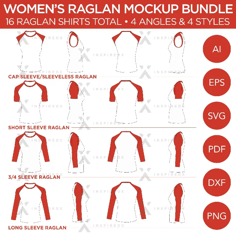 Raglan Women's Shirt Bundle - Cap Sleeve, Short Sleeve, 3/4 Sleeve and  Long Sleeve Raglans - Mockup and Template - 16 Raglan Shirts Total, 4 Angles, 4 Styles, Layered, Detailed and Editable Vector in EPS, SVG, AI, PNG, DXF and PDF