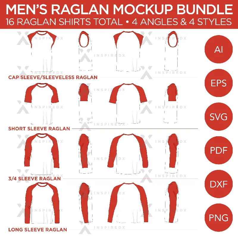 Raglan Men's Shirt Bundle - Cap Sleeve, Short Sleeve, 3/4 Sleeve and  Long Sleeve Raglans - Mockup and Template - 16 Raglan Shirts Total, 4 Angles, 4 Styles, Layered, Detailed and Editable Vector in EPS, SVG, AI, PNG, DXF and PDF